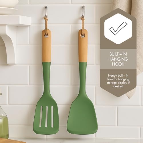 Beille 1pc Solid Cooking Spoon Beech Wood and Silicone Kitchen Utensils Meal Prep Baking Supplies Home Essentials, Olive Green