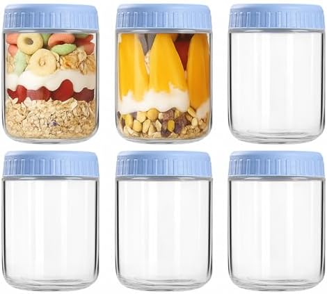 Overnight Oats Containers with Lids, 16oz Wide Mouth Mason Jars with Lids, 6 Pack Glass Jars with Airtight lid for Chia Pudding Yogurt Salad, Meal Prer Oatmeal Jars, Blue