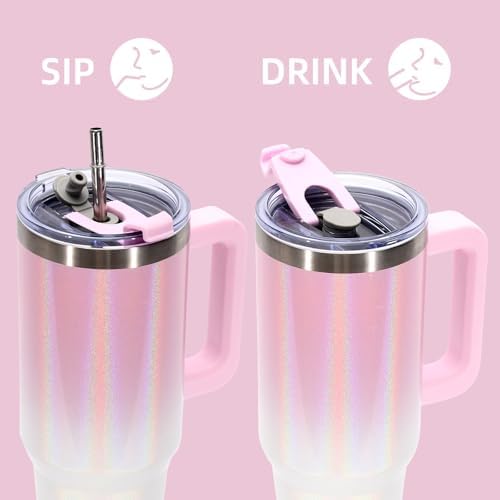 30 oz Shiny Tumbler with Handle and Straw,Stainless Steel Tumbler with Lid and Straw,Insulated Travel Mug(Cold for 34 Hours),Water Bottle for Iced Tea,Coffee (Pink)