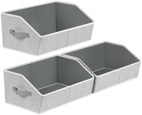 Homsorout Trapezoid Closet Shelf Organizer - Large Baskets for Organizing, Fabric Storage Box for Shelves, Cube Storage Bins for Clothes, Books, Blankets, 3 Pack, Light Gray
