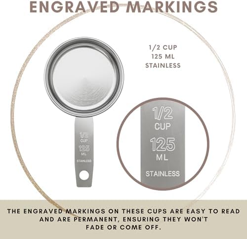 1/2 Cup Stainless Steel Measuring Cup | Sturdy Metal 125 ml | 125 cc | 4 oz | Single Cup for Wet and Dry Ingredients | Great for use as 1/2 Cup Dog Food Scoop - 12 PK