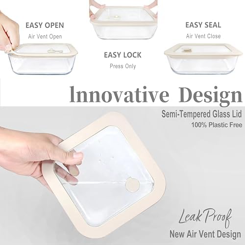Glass Meal Prep Containers with Lids, Airtight Leak Proof Food Storage Containers, Plastic-Free Silicone Framed Vented Glass Lids, Oven Safe Baking Dishes, Microwave, Fridge, Freezer & Dishwasher Safe