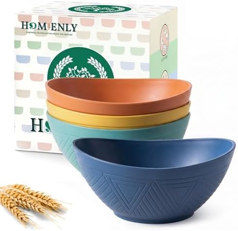 Homienly Wheat Straw Bowls Unbreakable Cereal Bowls 26 OZ Serving Bowls for Snack, Dessert, Dinner, Soup, Rice Microwave and Dishwasher Safe Bowls Set for Kitchen, Party, Dorm, RV (4 PCS Multi)