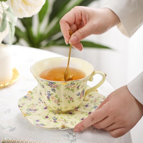 TATSUMI Country Roses Bone China Tea Cup and Saucer Set, 6 Pieces, Vintage Style, For Women and Tea Parties（Yellow,2 Sets）