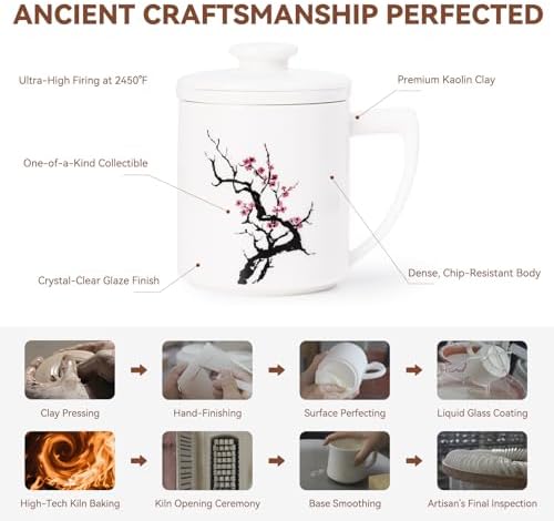 Ceramic Tea Mug with Infuser & Lid - 14oz Loose Leaf Tea Cup with Infuser,Hand-Painted Plum Blossom - Resilience & Elegance,Insulated Ceramic Coffee Mugs with Lid, Gift Set for Women/Men
