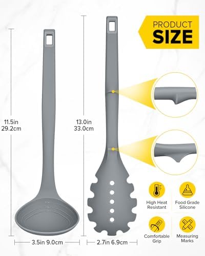 BUNDLEPRO Silicone Soup Ladle and Pasta Spoon Set, One-Piece, 2 Pack, Gray