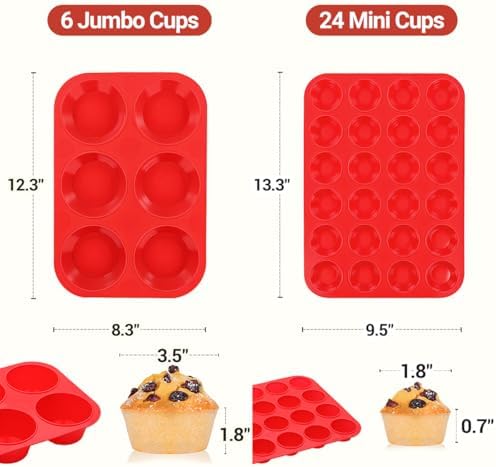 CAKETIME Silicone Muffin Pans for Baking, 2 Packs Jumbo 6 Cups and Mini 24 Cups for Baking Muffins, Cupcakes, Egg Bites, and Frittatas