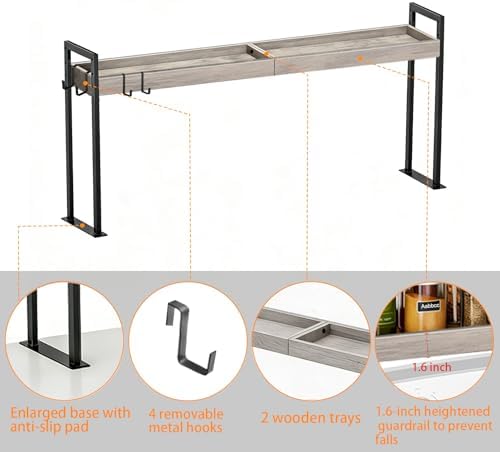 Spice Rack Shelf for Kitchen Stove, Over The Stove Shelf with 4 Level Adjustable Height, Over Stove Spice Rack with 4 Hooks, Grey + Black