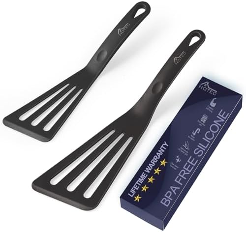HOTEC 2-Pack Silicone Slotted Fish Turner Spatula Set, Black