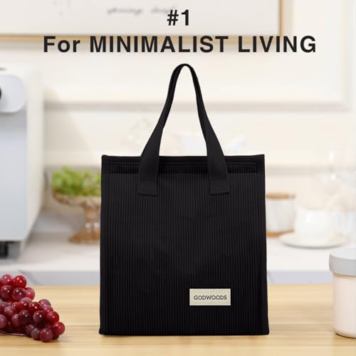 TELLUMO Corduroy Insulated Lunch Bag, 7.75L Large Capacity Reusable Lunch Box, Cute Lunch Tote for Women Men, Leakproof Lunch Cooler for Work Picnic Travel (Corduroy Black)