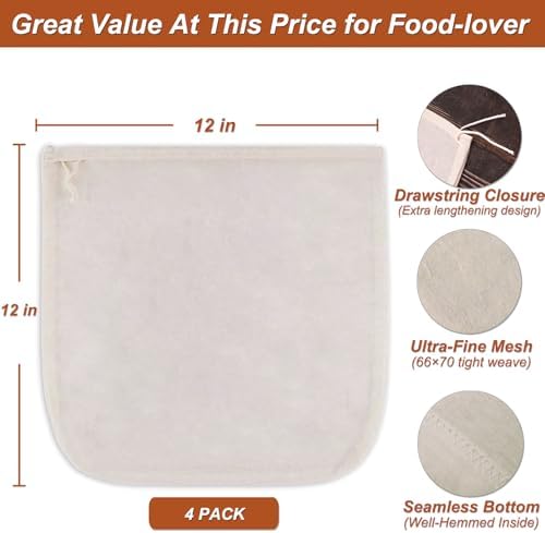 4 Pcs 12"x12" Nut Milk Bag with SGS Tested 100% Nature Unbleached Cotton, Premium Cheesecloth Bags for Straining, Reusable Nut Bag Strainer for Making Almond & Nut Milks, Cold Brew, Yogurt, Juicing