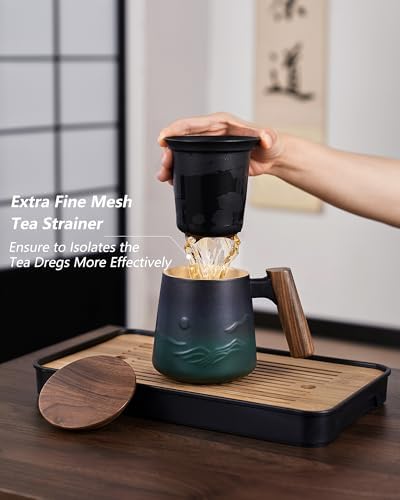 ZENS Tea Infuser Mug with Lid for Loose Tea Steeper, 14.5oz Wooden Handle