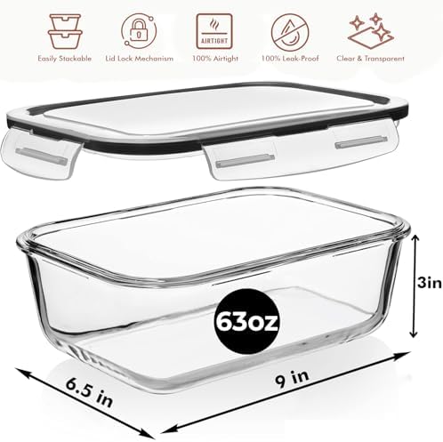 Razab 4 PC 1860ml / 63 Oz / 8 Cups Large Glass Food Storage Containers with Lids - Glass Meal Prep Containers for Roasting & Storing Leftover, Lunch Container with Lids, Microwave & Oven Safe