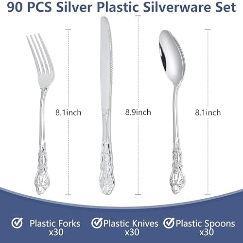 90PCS Silver Plastic Silverware Elegant for Parties Family Dinners