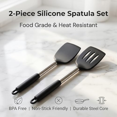 2-Pack Silicone Solid & Slotted Turner Spatulas, Non-Stick Heat Resistant Cooking Utensils for Eggs, Fish & Pancakes, Stainless Steel/Black Handle