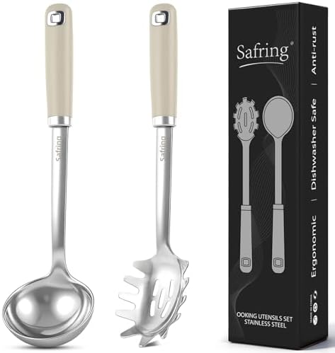 Safring Stainless Steel Soup Ladle and Spaghetti Spoon Set, Heat Resistant Rubber Handle, Dishwasher Safe, Kitchen Utensils for Cooking, Stirring, Serving Pasta, Soup & Sauce (Beige)