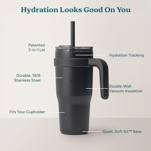 REDUCE 24 oz Stainless Steel Tumbler with Handle - Dual-Wall Vacuum Insulated Travel Mug, Sweat-Proof Lid & Reusable Straw - Keeps Drinks Cold for 24 Hrs, Fits Cupholders, Dishwasher Safe - Phantom