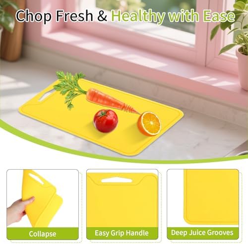 Flexible Plastic Cutting Boards for Kitchen, 11.8''x 8.6'' Silicone Cutting Board, BPA Free Non Slip Kitchen Cutting Mat for Meat, Vegetables and Fruit with Easy Grip Handle, Dishwasher Safe (Yellow)