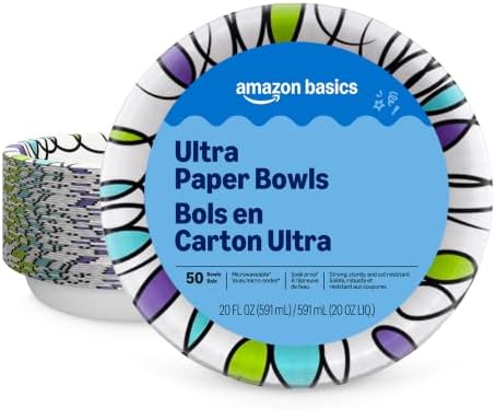 Amazon Basics Ultra Disposable Paper Bowls, 20 Oz, Microwave Safe, Soak Proof, Strong & Sturdy, White, 50 Count, Packaging May Vary