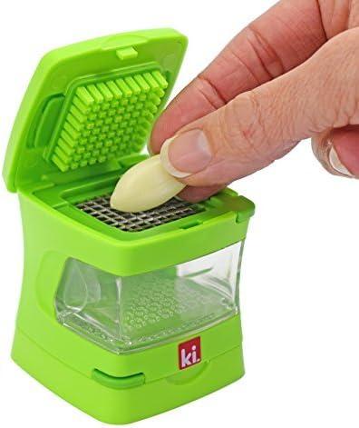 Garlic-A-Peel Garlic Press, Crusher, Cutter, Mincer, and Storage Container - Includes Silicone Garlic Peeler - Easy to Clean - Stainless Steel Blades – (Green), standard