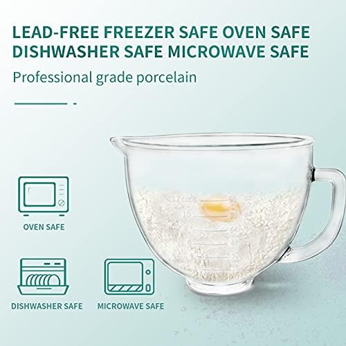 Glass Mixer Bowl For Kitchenaid Tilt-Head Stand Mixers 4.5-5 Quart, 5 qt Mixing Bowl Replacement For Kitchen aid With Measurement Markings,Handle