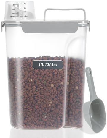 LEAWALK 10-13 Lbs Upgrade Capacity Dog Cat Food Storage Container, Pet Dog Treat Container, Airtight, Clear Bucket Body, With 2-Cup Scoop, Handle, Large Nozzle, 4-Safety Buckles, Easy to Clean, Gray
