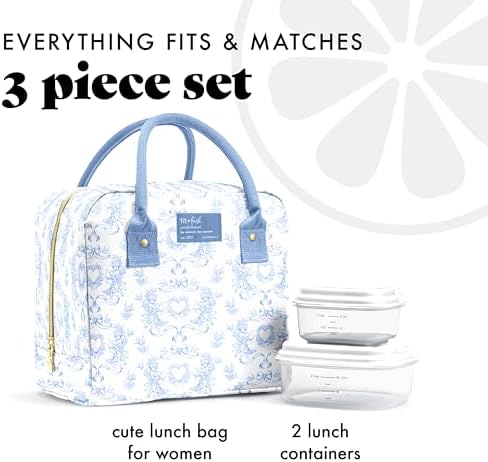Fit & Fresh Bloomington Lunch Bag for Women - Insulated Large Lunch Box for Work with Containers, Leak-Resistant, Stain-Resistant, Zipper Closure, Blue Cupid Bows