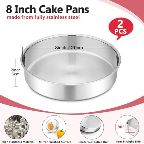 P&P CHEF 8 Inch Cake Pan Set of 2, Stainless Steel Round Baking Cake Pans