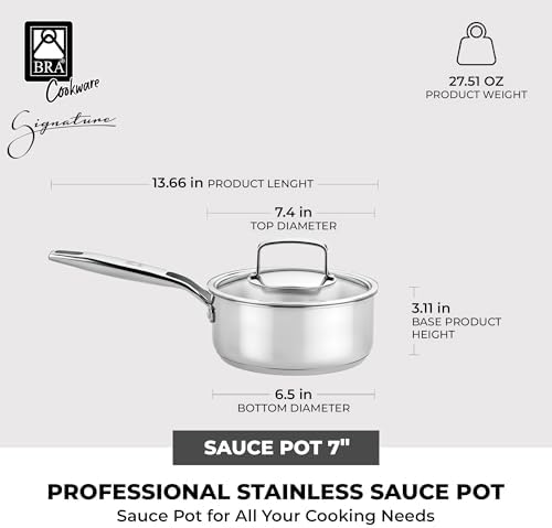 BRA COOKWARE Signature Stainless Steel Saucepan w/Lid | 7 Inches 1.4 Qt