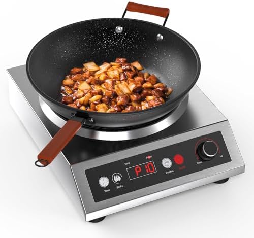 1800W Induction Wok,Stainless Steel Electric Wok Used For Home And Commercial,Temp From 140°F to 460°F,Concave Surface Dual Control 10 Power 24H Timer,14-inch Cast Iron Wok Included