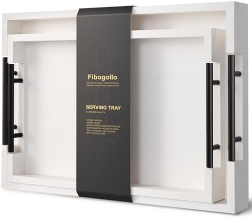 Fibogollo Set of 2 Bamboo Serving Trays with Metal Handles(White)