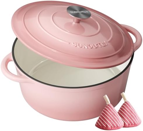 Enameled Cast Iron Dutch Oven - 7.5QT Dutch Oven Pot with Lid & Cotton Potholders - Heavy-Duty Non Stick Casserole Pot for Braising, Stews, Roasting, Baking, Suitable for All Stovetops, Gentle Pink