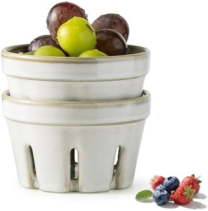 Gomakren Ceramic Berry Bowl Set of 2, Small Fruit Basket Colanders, White