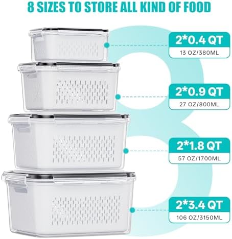 HOMETALL 8 Pack Fruit Storage Containers for Fridge with Strainer, BPA Free Fruit Cleaning Bowl Fridge Organizer, Plastic Fresh Keeper Set Refrigerator Organizer for Salad Berry Produce