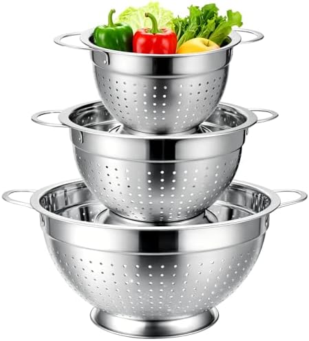 Palksky Stainless Steel Colander Set of 3, Nesting Metal Strainers with Handles and Raised Base, 7/8.7/11 Inch Kitchen Colanders for Pasta, Vegetables, Fruit, Rice, Salad and Meal Prep