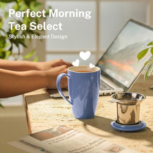 Sweese 15 OZ Porcelain Tea Mug with Infuser and Lid, Loose Leaf Tea Cup, Gifts for Tea Lover, Dusty Blue