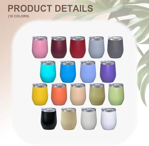 18 Pack Stainless Steel Wine Tumbler with lid, 12oz Insulated Powder Coated Wine Tumbler Stemless Double Wall Vacuum Wine Glass Coffee Tumbler Bulk Laser Engrave, DIY Gift, 18 Colors