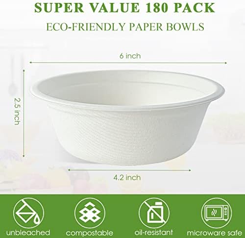 Vplus 180 Pack 16 OZ Compostable Paper Bowls, Bagasse Bowls，White