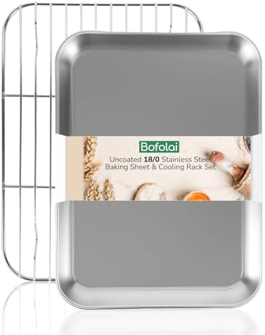 18/0 Stainless Steel Baking Sheet with Cooling Rack, 9.2 Inch Oven-Safe Non-Toxic Cookie Sheets for Baking, Coating Free & Rust Resistant for Healthy Family Baking, Easy to Clean, Heavy Duty