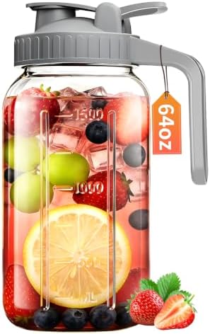 64oz Glass Pitcher with Lid & Spout – 2 Quart Mason Jars, Airtight & Leakproof Breastmilk Pitcher for Cold Brew Coffee, Sun Tea, Water, Juice – Wide Mouth, Fridge Safe
