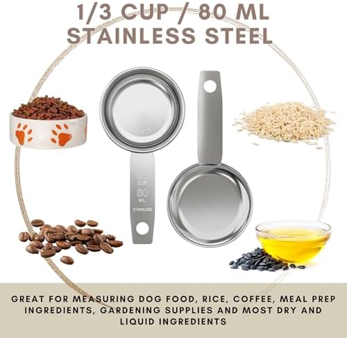 1/3 Cup Stainless Steel Measuring Cup | Sturdy Metal 80 ml | 80 cc | 3 oz | Single Cup for Wet and Dry Ingredients | Great for use as 1/3 Cup Dog Food Scoop - 4 PK