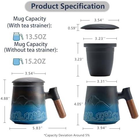 ZENS Tea Cup with Infuser and Lid for Loose Leaf Tea Steeper, 15oz Blue