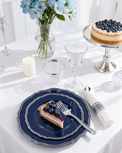 Hioasis 175 Pcs Blue Silver Plastic Plates Wedding & Party