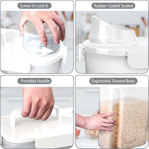 Komzon Rice Storage Containers 20lb, Airtight Cereal Containers Storage, with Pouring Spout Portable Handle for Flour, Pasta, Grain and Baking, Pet Dog Cat Bird Food Container White
