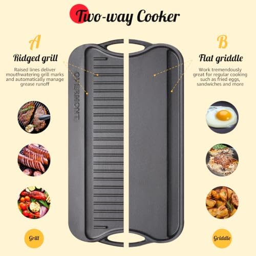 OVERMONT 17" x 9.8" Reversible Cast Iron Griddle, Double Burner Pan