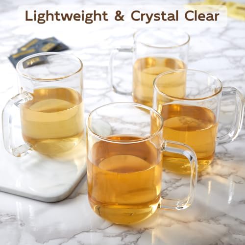 Glass Coffee Mugs, 24 oz Ice coffee cups, Large Clear Tea Cups Set of 4, Glass Mugs with Handles, Glass Cups for Latte, Cappuccino, and Tea