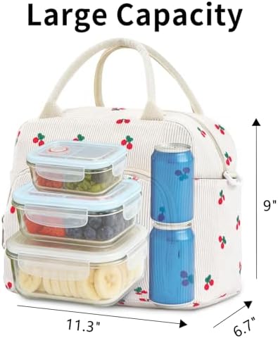 GASSDA Lunch Box for Women Insulated Lunch Bag Women Adult Cute Lunch Bags Reusable Lunchbox Cooler Tote Bag for Work Picnic (Beige-Cherry)