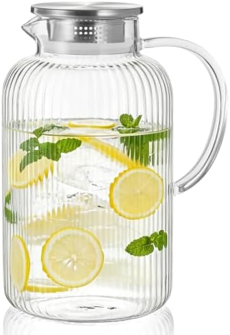 Bivvclaz 2.6 Liter 88 oz Stripes Glass Pitcher with Lid and Handle