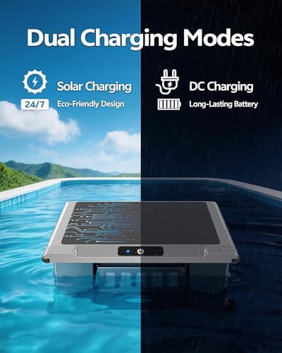 T1B Solar Powered Pool Skimmer Robot, Automatic Robotic Pool Surface Skimmer Cleaner with 24/7 Cleaning, Dual Charging Modes, Auto-Dock, Inground & Above-Ground Pools(Gary)