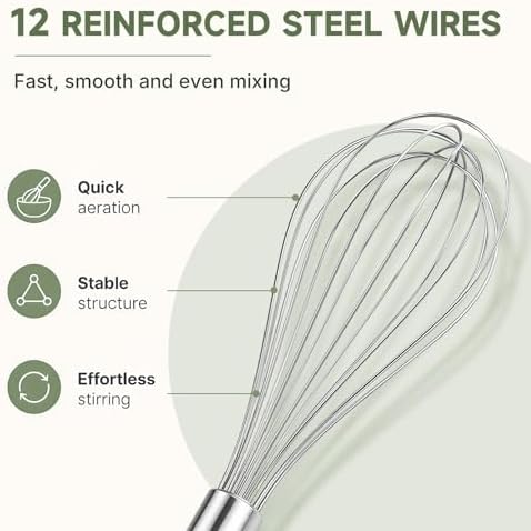 3 Pack Stainless Steel Balloon Whisk Set, 8/10/12 Inch Manual Egg Beater, Multipurpose Kitchen Wire Whisk for Baking, Cooking, Blending & Stirring